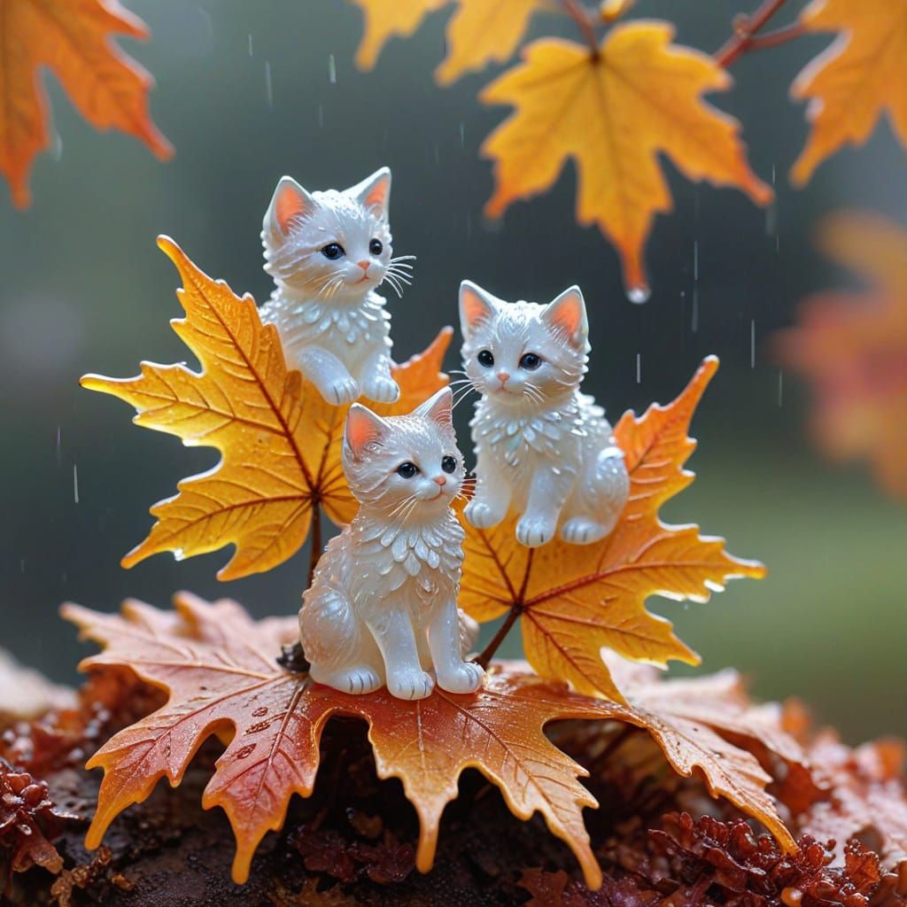 Glassblown Kittens on Autumn Leaf in Morning Rain