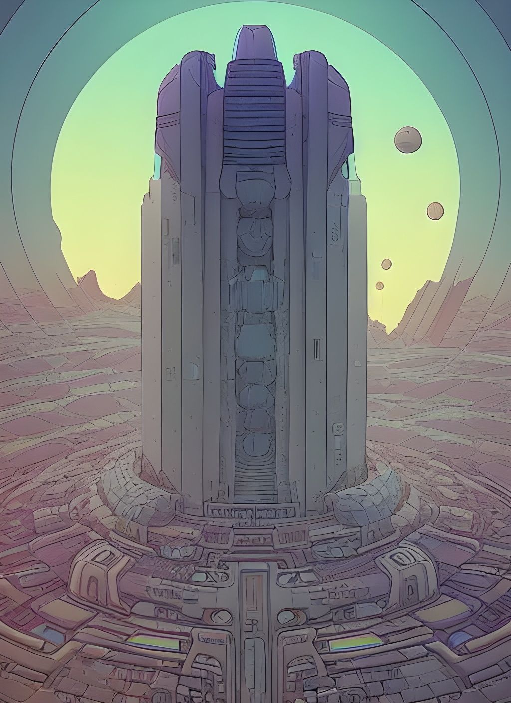 Futuristic City with Brain Monolith, Art Nouveau