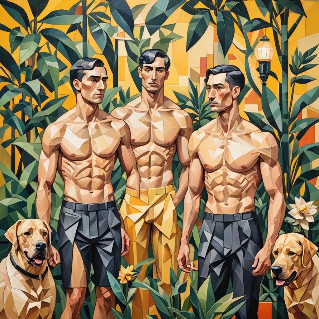 Cubist Men with Labradors in Geometric Fauvism Style