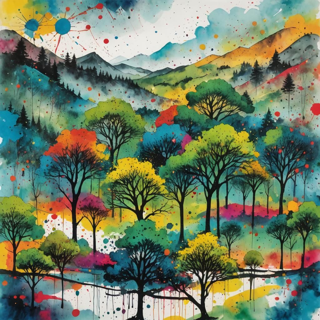 Colorful Ink Splatter Painting of Mountain Trees
