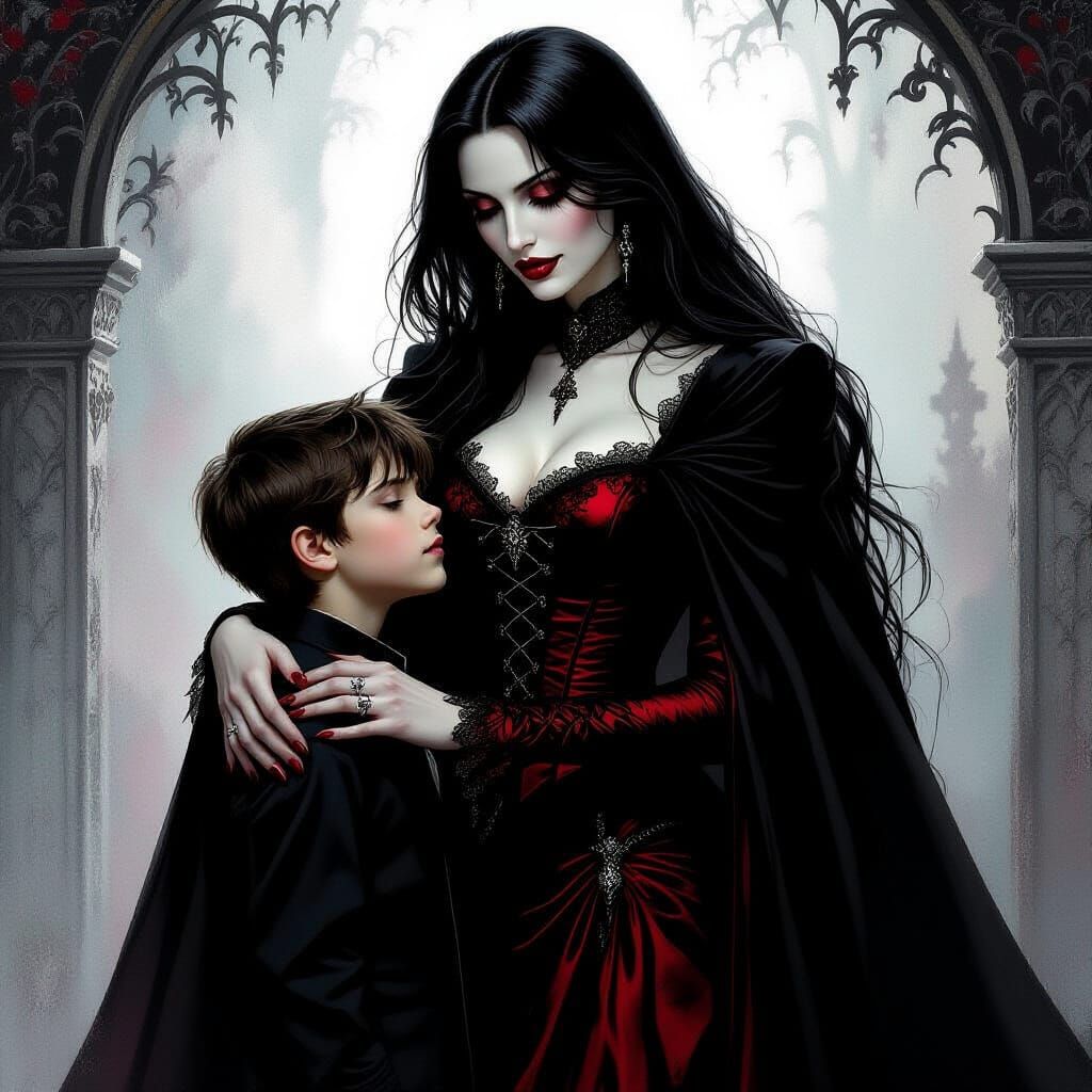 Gothic Vampire Protects Boy in Dramatic Chiaroscuro