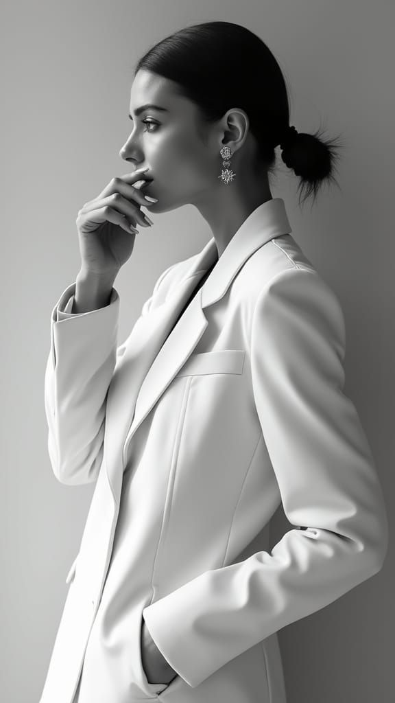 Monochrome Portrait of a Woman in White Blazer