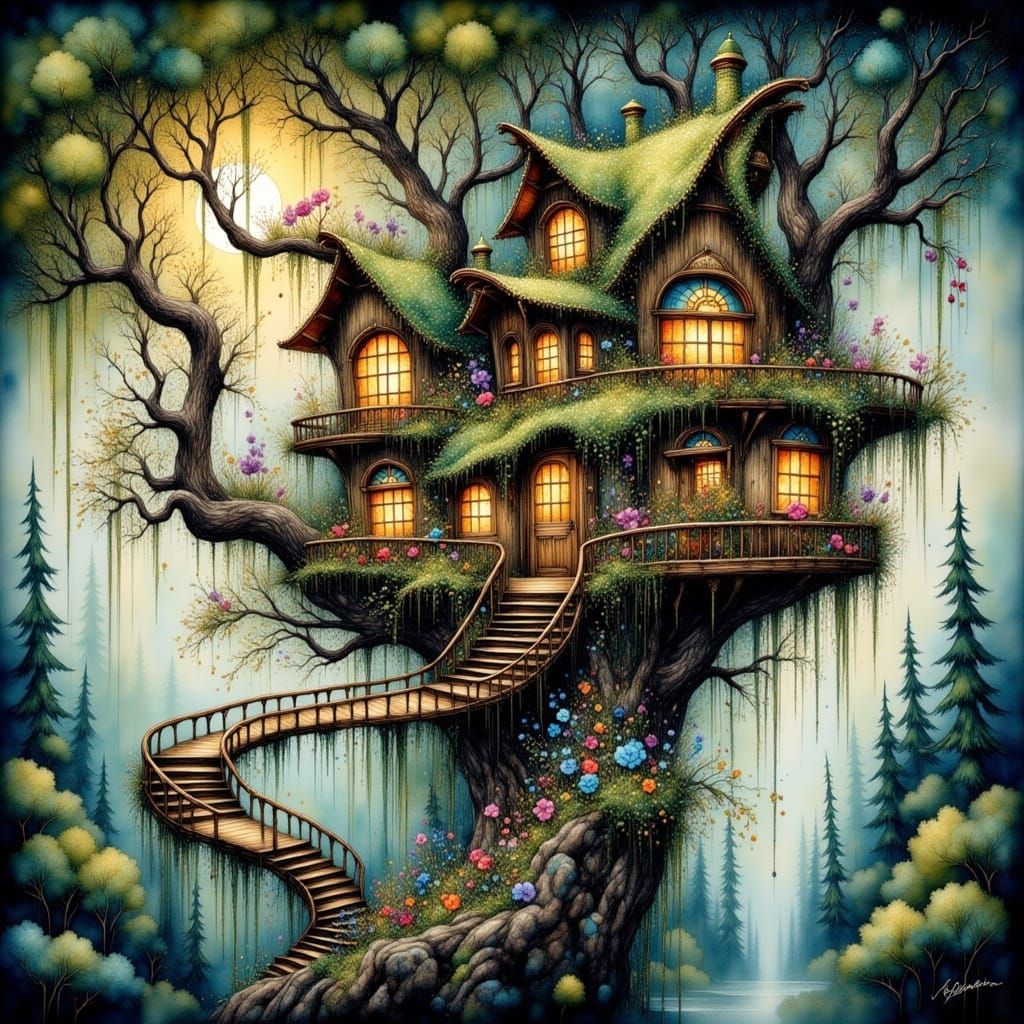 Enchanted Treehouse in Whimsical Watercolor Style