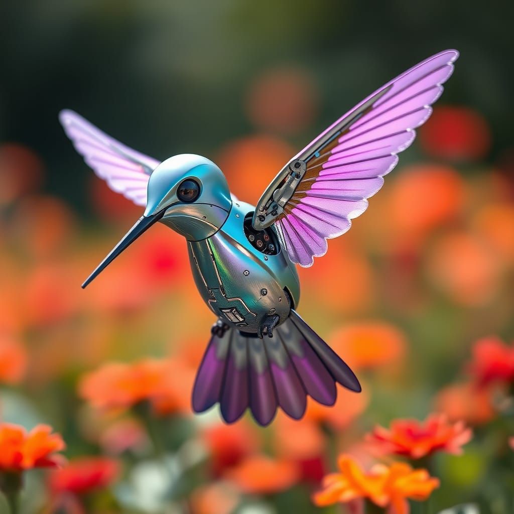 Robotic Hummingbird Amidst Flowers