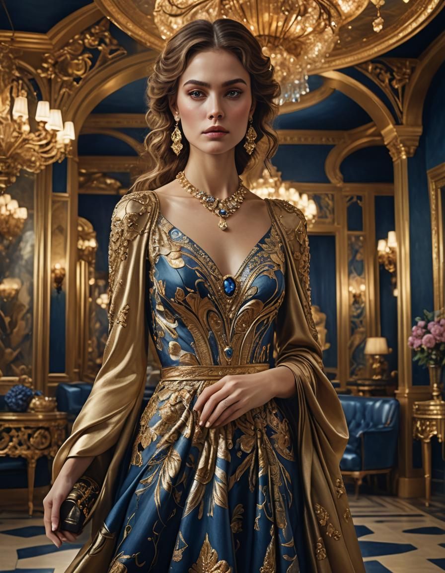 Elegant Woman in Silk Gown: Klimt-Inspired Digital Art