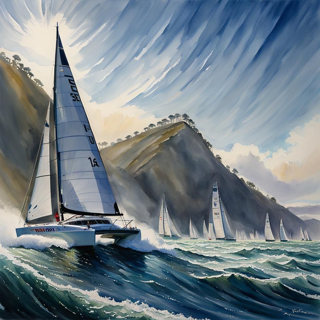 Watercolor of catamaran racing in race in San Francisco Bay