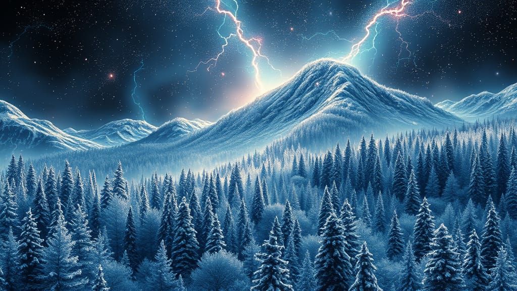 Celestial Forest Snowstorm with Neon Aurora Tapestry