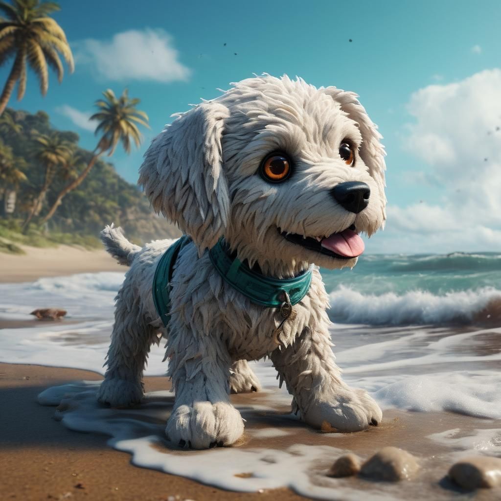 Plush Dog at the Beach: Detailed Matte Painting