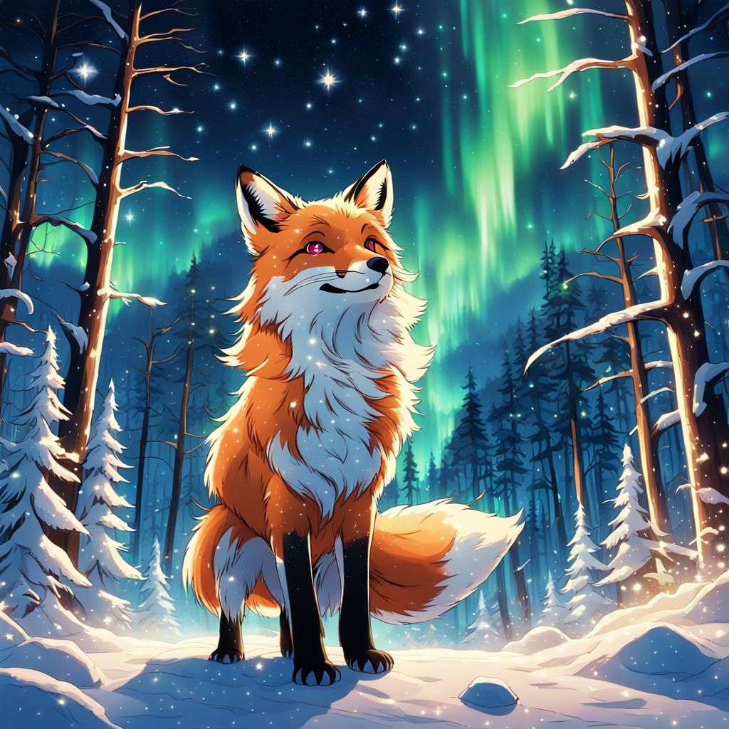 Fox Dances Under Aurora in Anime Style