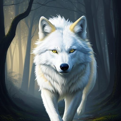 Vibrant Wolf Portrait in Mystical Forest