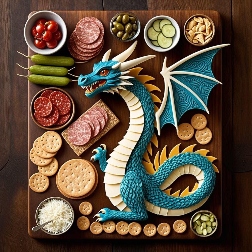 Whimsical Charcuterie Dragon in Folk Art Style