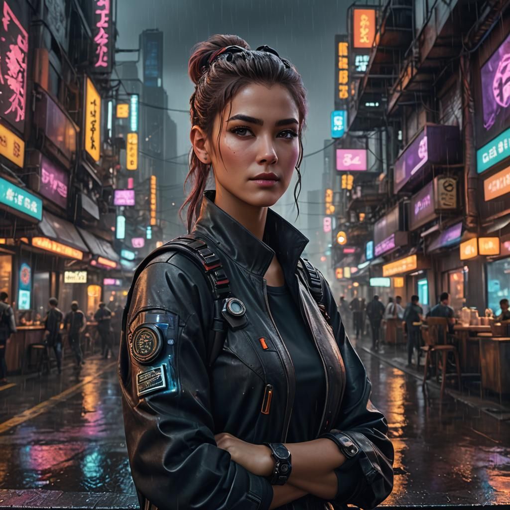 Sci-Fi Barista in Rainy Cyberpunk City