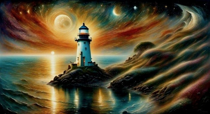 Ethereal Seaside Lighthouse in Moonlit Splendor