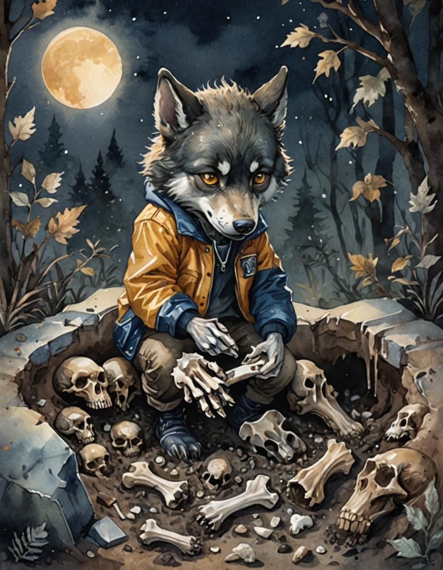 Chibi Werewolf Buries Treasure: Watercolor Painting