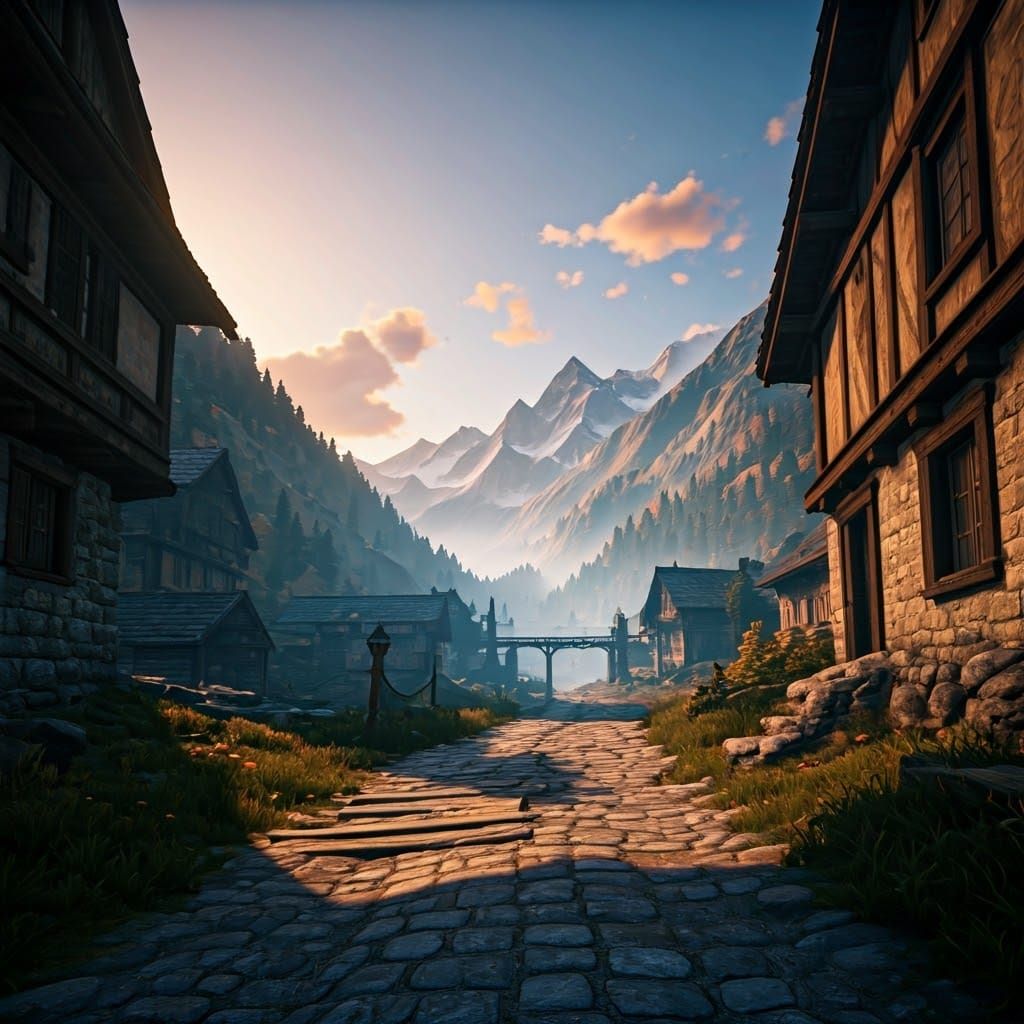 Ancient Swiss Village at Dusk Amidst Majestic Mountains