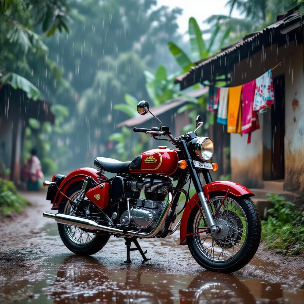 Hyperrealistic Royal Enfield in Torrential Rain