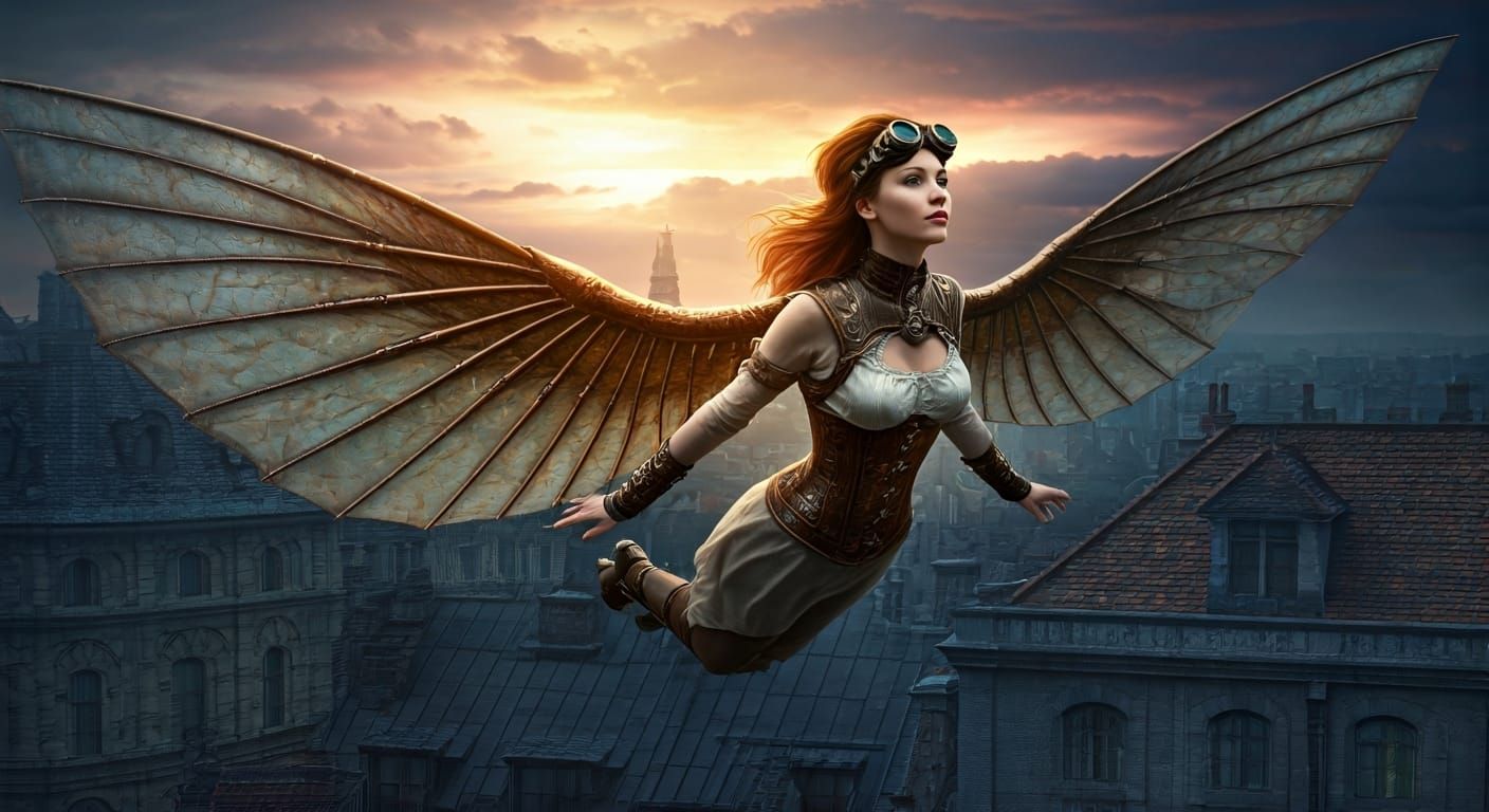 Steampunk Woman Soaring Above Victorian Cityscape