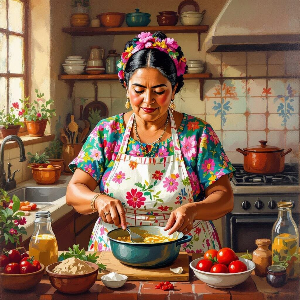 Latino Grandmother Cooking in Rivera Style
