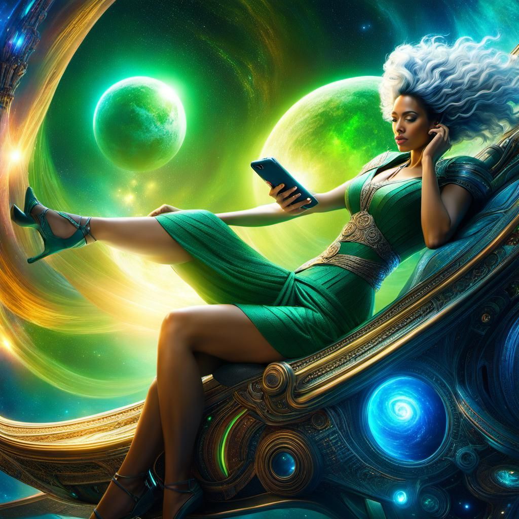 Woman in Space with iPhone, Pablo Amaringo Style