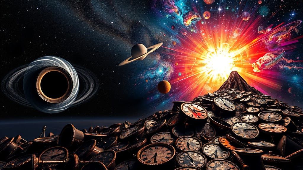 Surreal Dreamscape with Rotating Black Hole and Big Bang