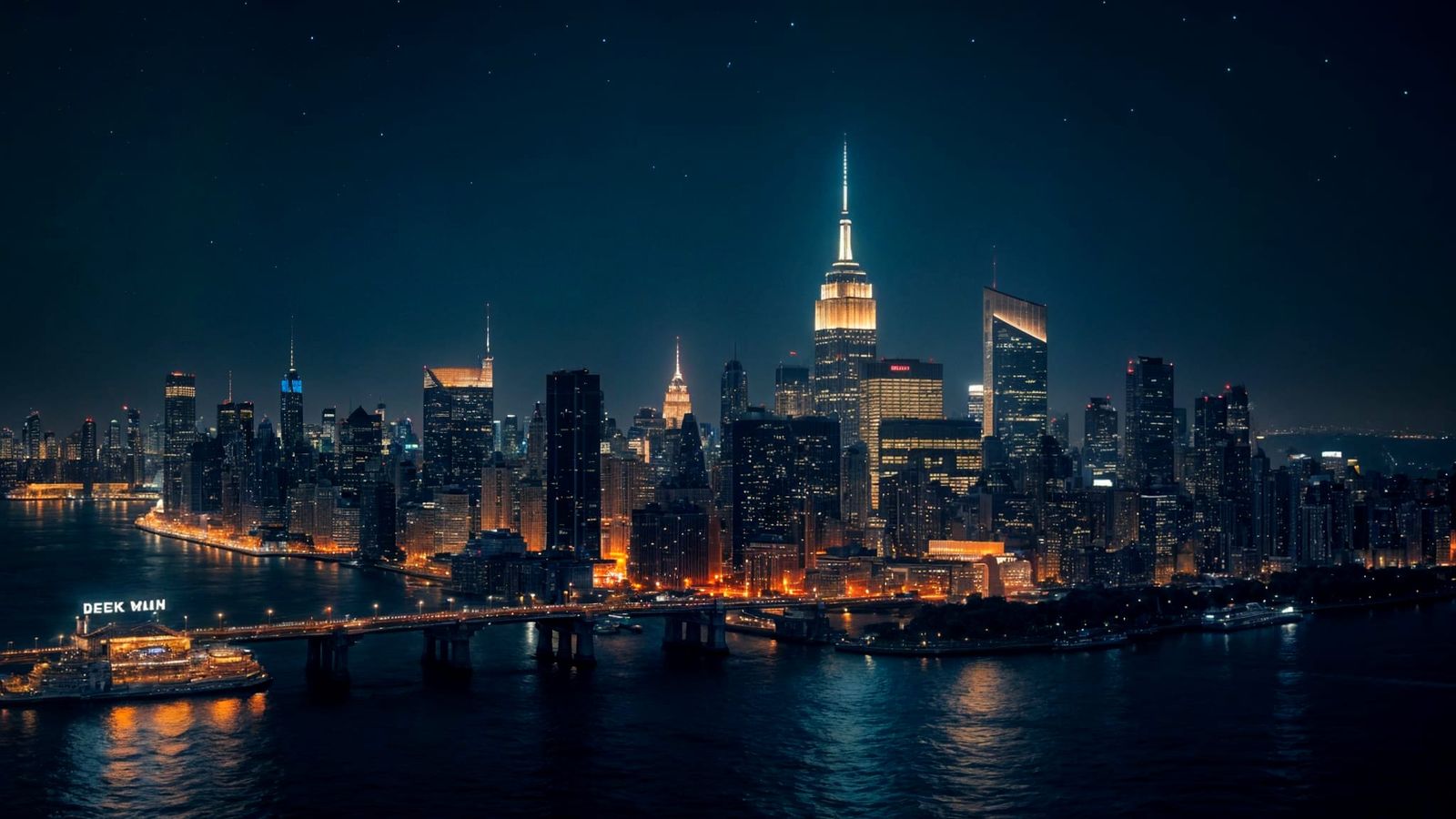 New York City Skyline and Hudson River at Night