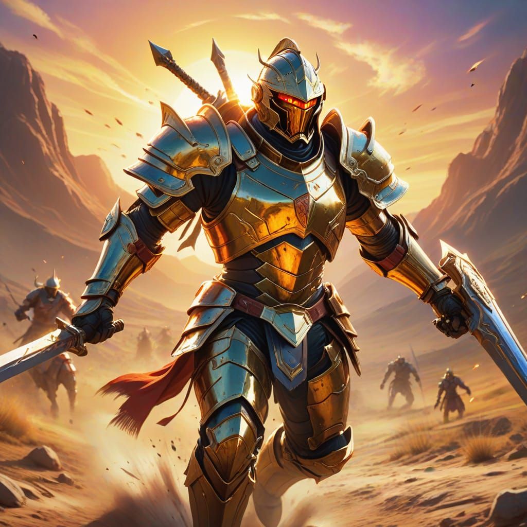 Heroic Lancer Charging Forward in Oil Painting