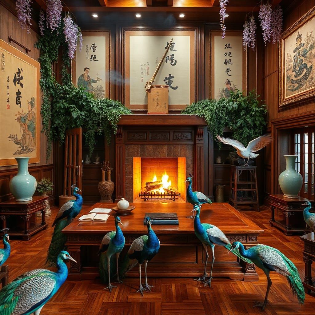 Kubla Khan's spacious office. A vast wooden lacquered desk d...