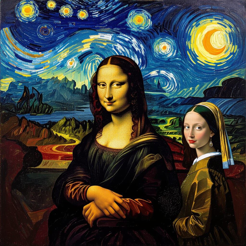 Mona Lisa Enters Van Gogh's Starry Night and The Scream