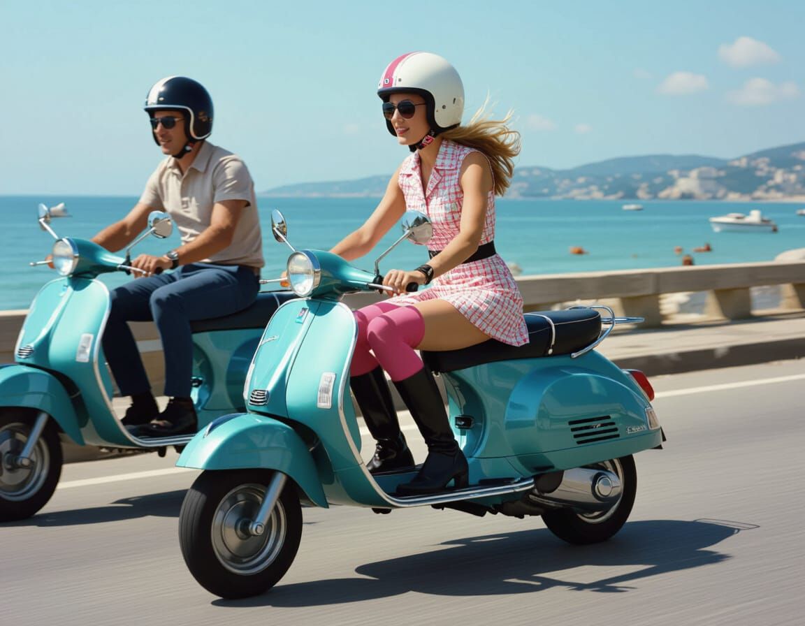 1960s Fashionistas on Vespas: Retro Seaside Scene
