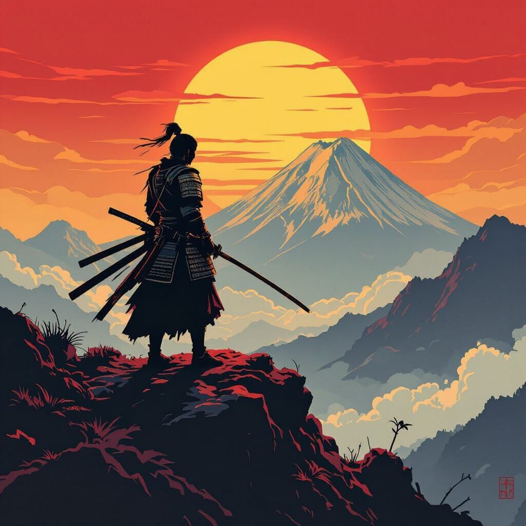 Samurai Warrior at Fiery Sunset, Ukiyo-e Style
