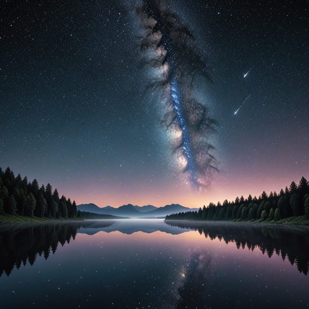 Ethereal Night Sky Over a Serene Lake in Hyper-Realistic Dig...