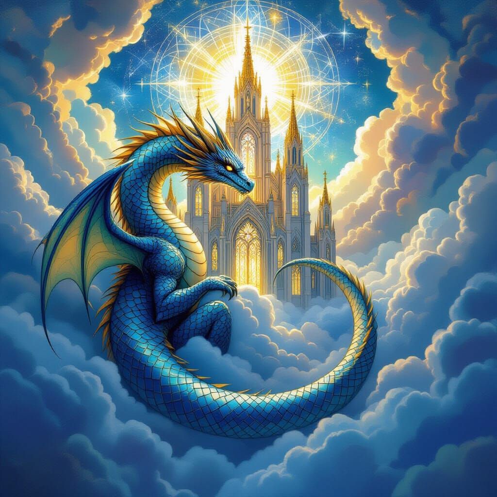 Dragon Guarding Celestial Cathedral Among Clouds