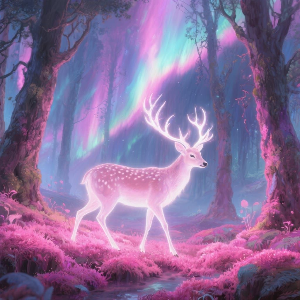 Ethereal Forest with Aurora Borealis Trees and Light Deer