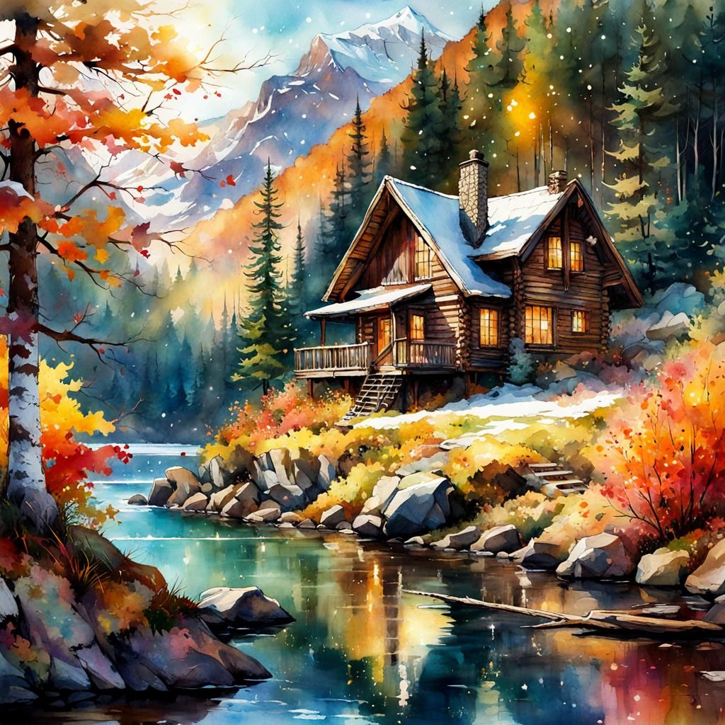 Cosy Cabin in the Woods: Digital Watercolor Art
