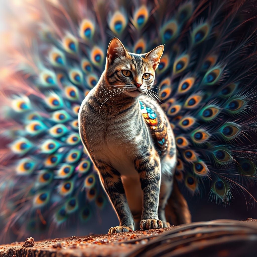 Magnificent Feline Peacock with Iridescent Plumage