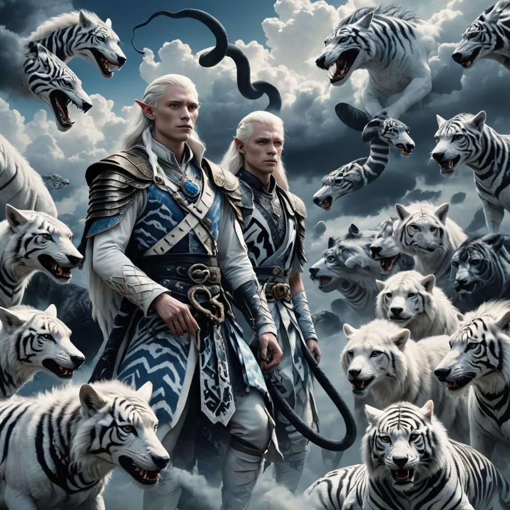 Albino Elf and Blue Wolves in Fantasy Landscape