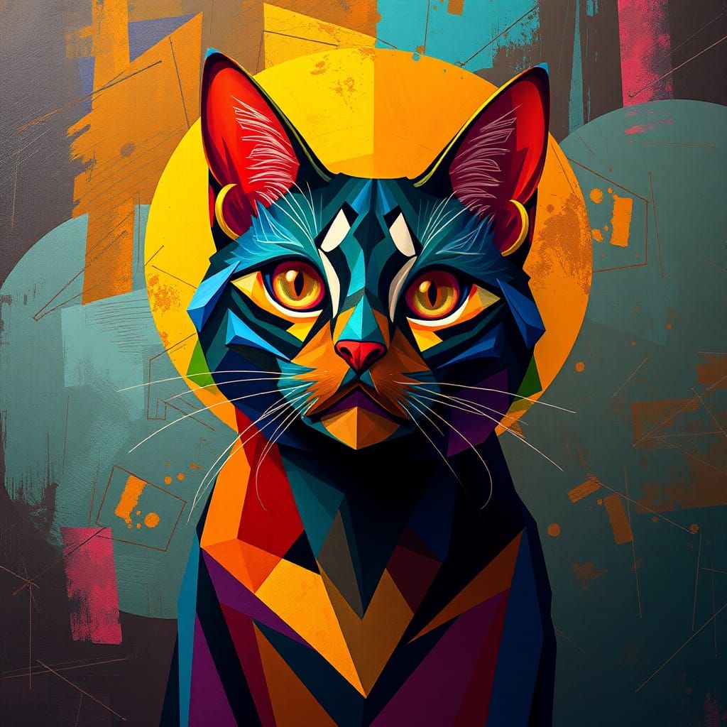 Vibrant Cat in Neo-Cubist Art Deco Style