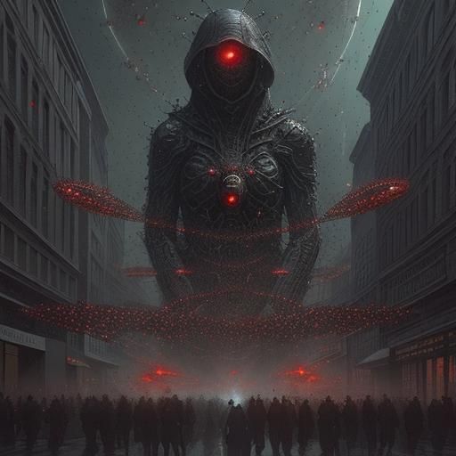 Swarm of Red Eyes Surveilling City Street