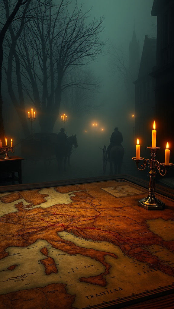 Fog-Shrouded Victorian Street Scene with Map