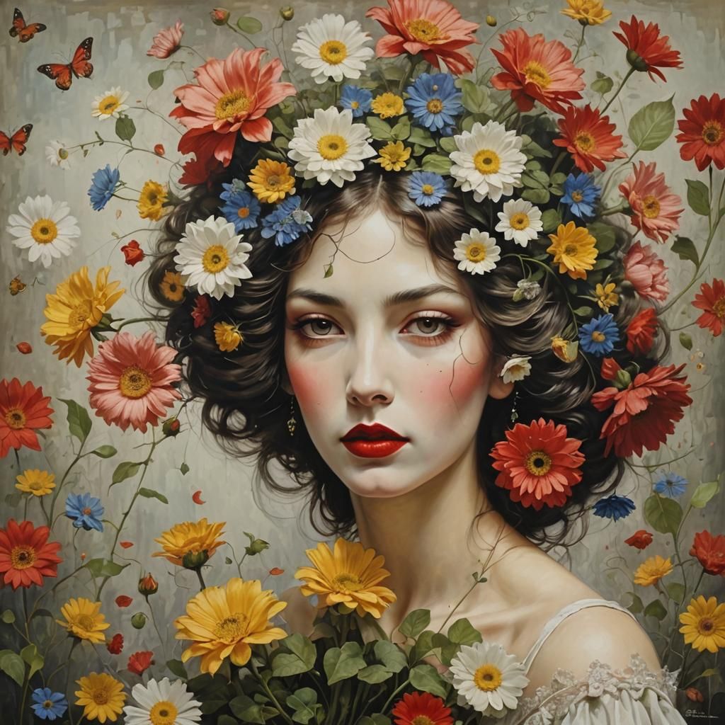 Surreal Woman-Flower Portrait with Red Lips