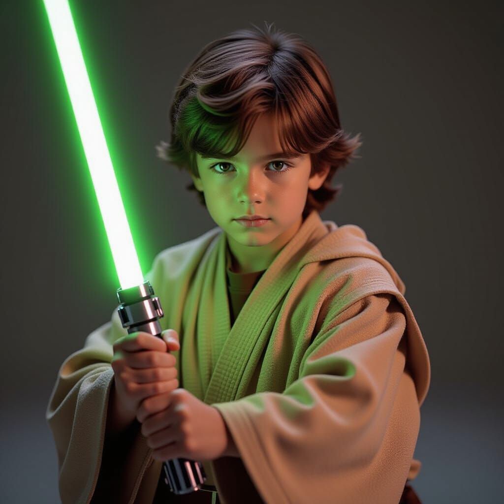 Young Jedi Warrior Holds Green Lightsaber in HDR Style
