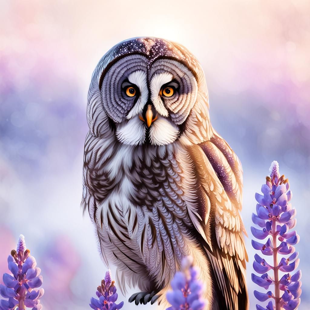 Owl on Lupine Flower in Snowy Landscape