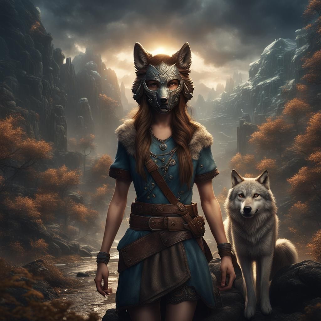 Girl with Wolf Mask: Detailed Fantasy Art