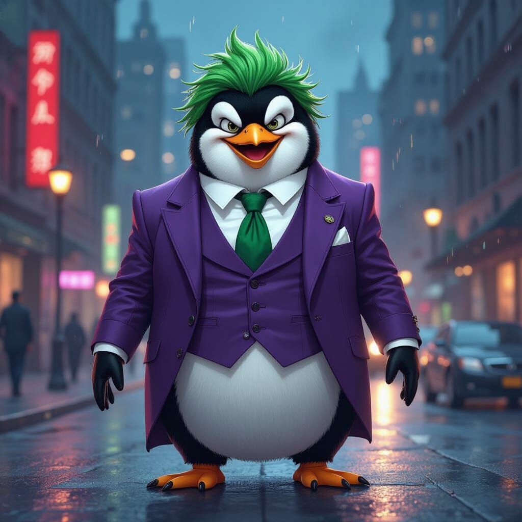 Penguin as Joker in Gotham Nightlife, Gothic Cartoon Style