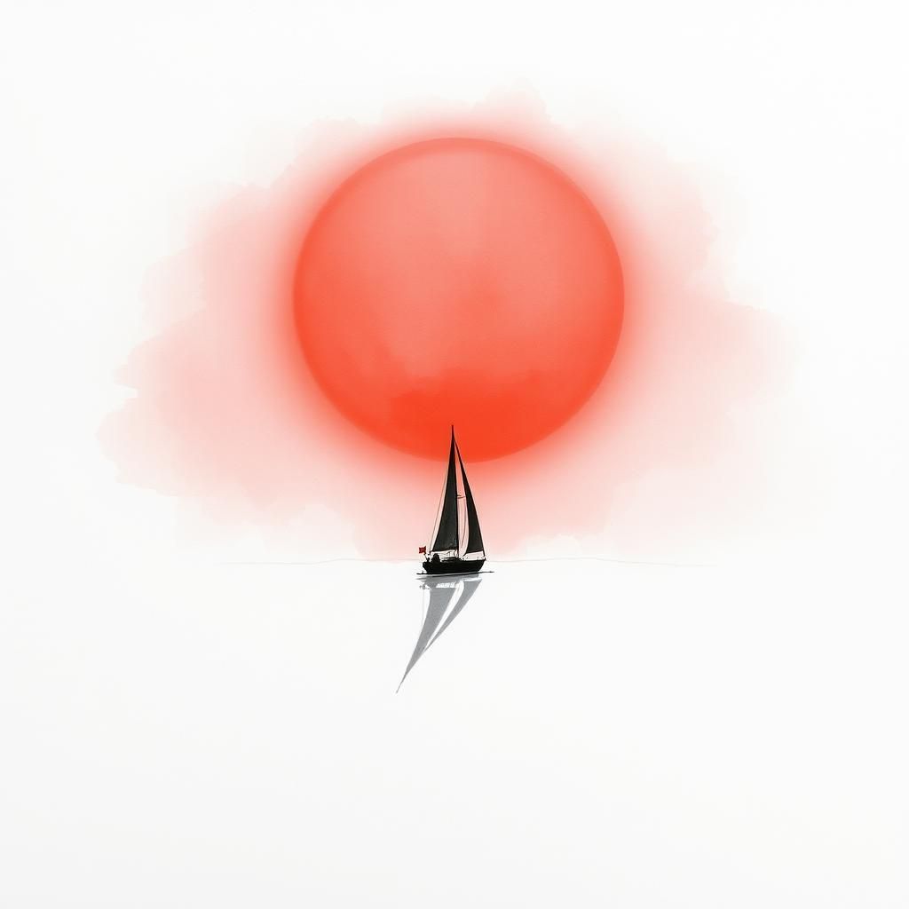 Minimalist Ink Sketch of Sailing Boat Under Red Sky