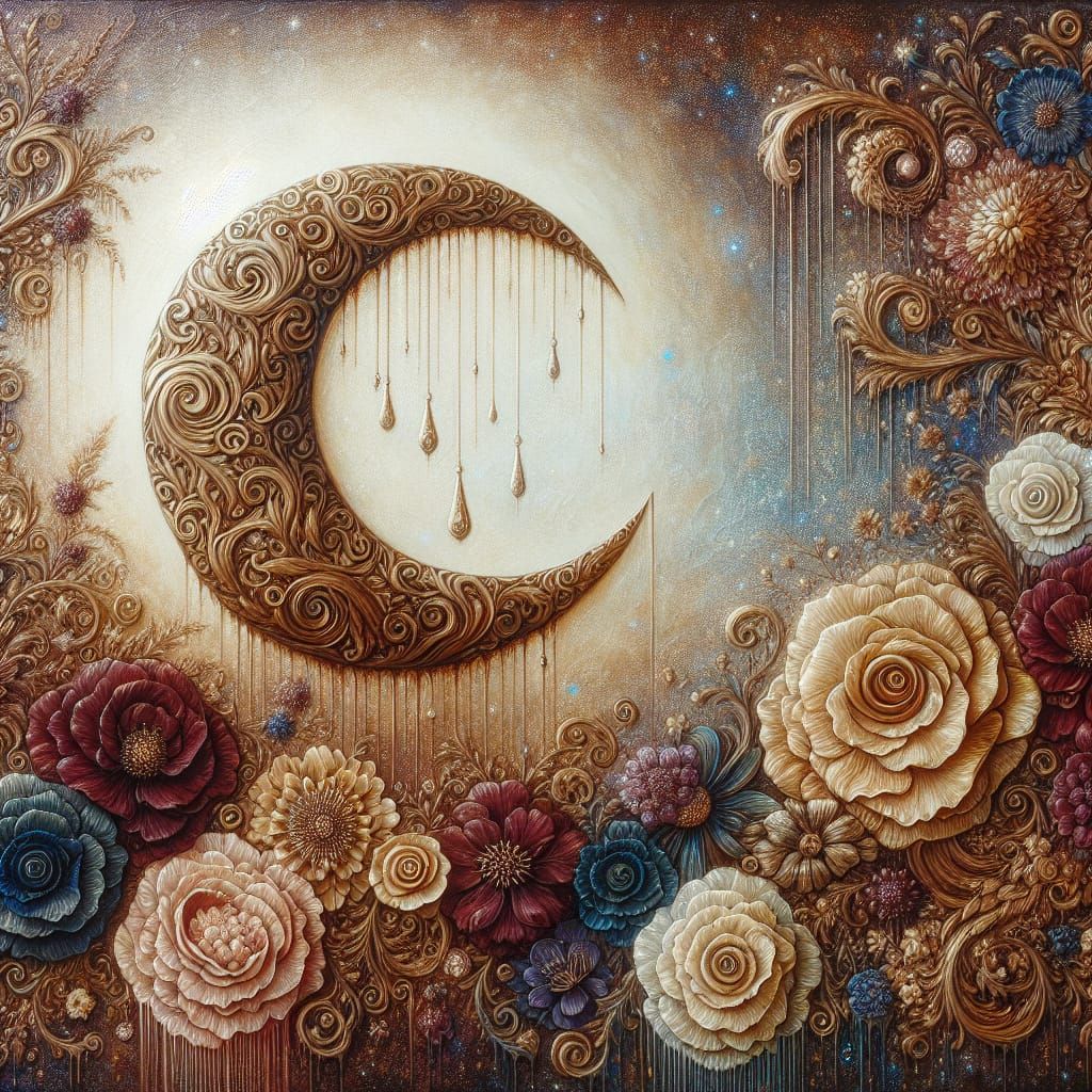 Ethereal Crescent Moon Surrounded by Flowers, Oil Painting