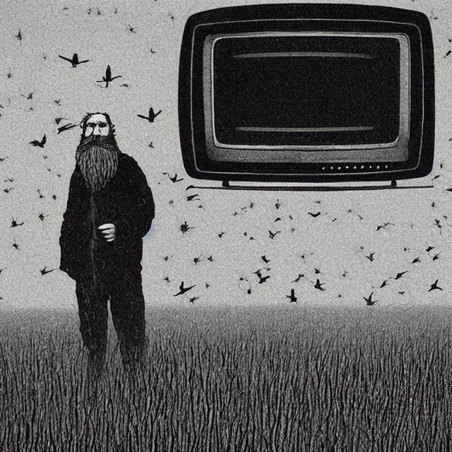 Farmer Stares at TV in Psychedelic Landscape