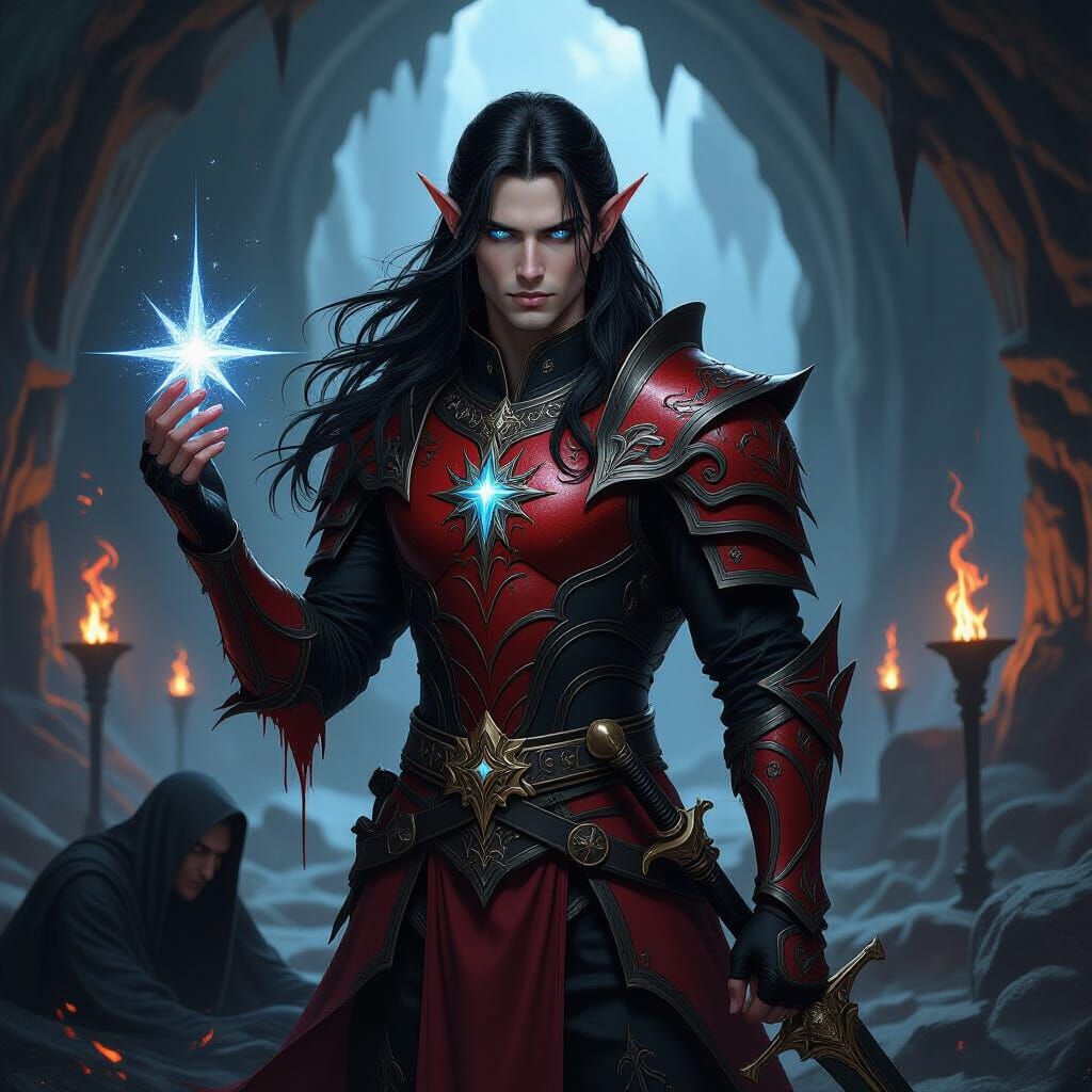 Elven Warrior with Gem and Sword in Dark Fantasy Art
