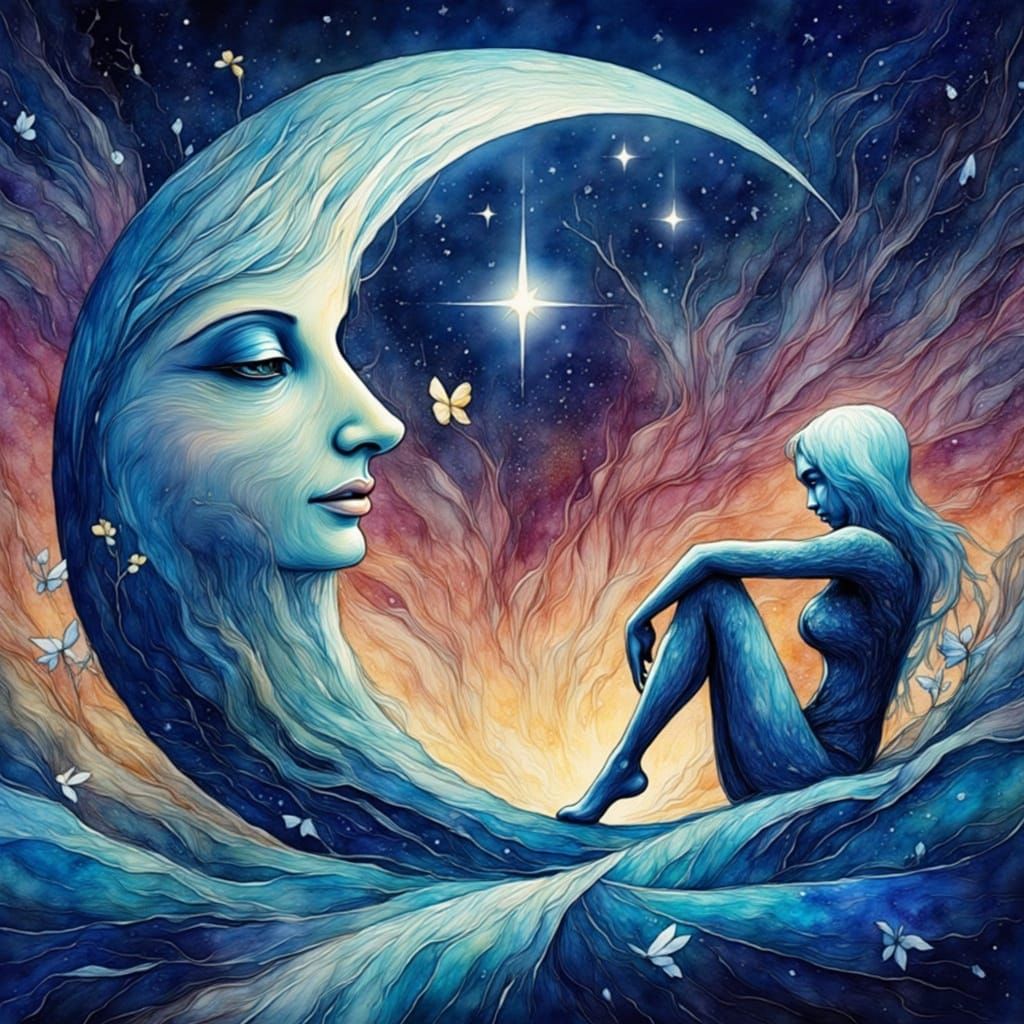 Dreamy Moonseat: Woman on Crescent Moon in Watercolor