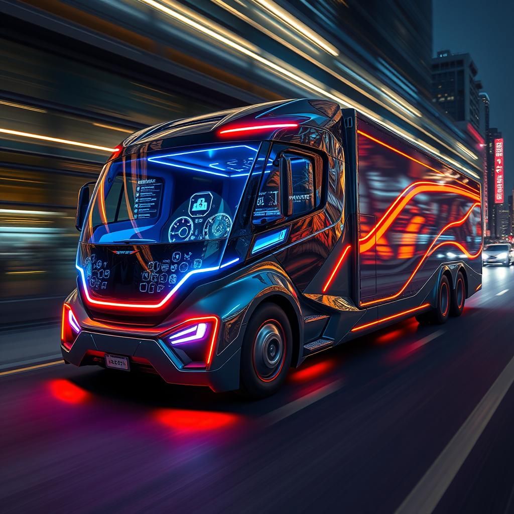 Futuristic Neon Truck Speeding Through Cityscape